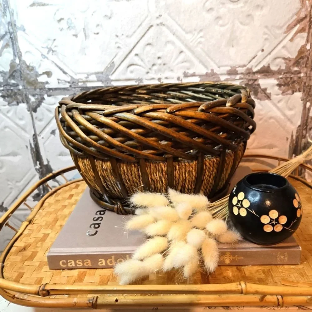 Vintage Oval Hand Woven Basket Natural Bamboo & Rope Storage Basket Rustic